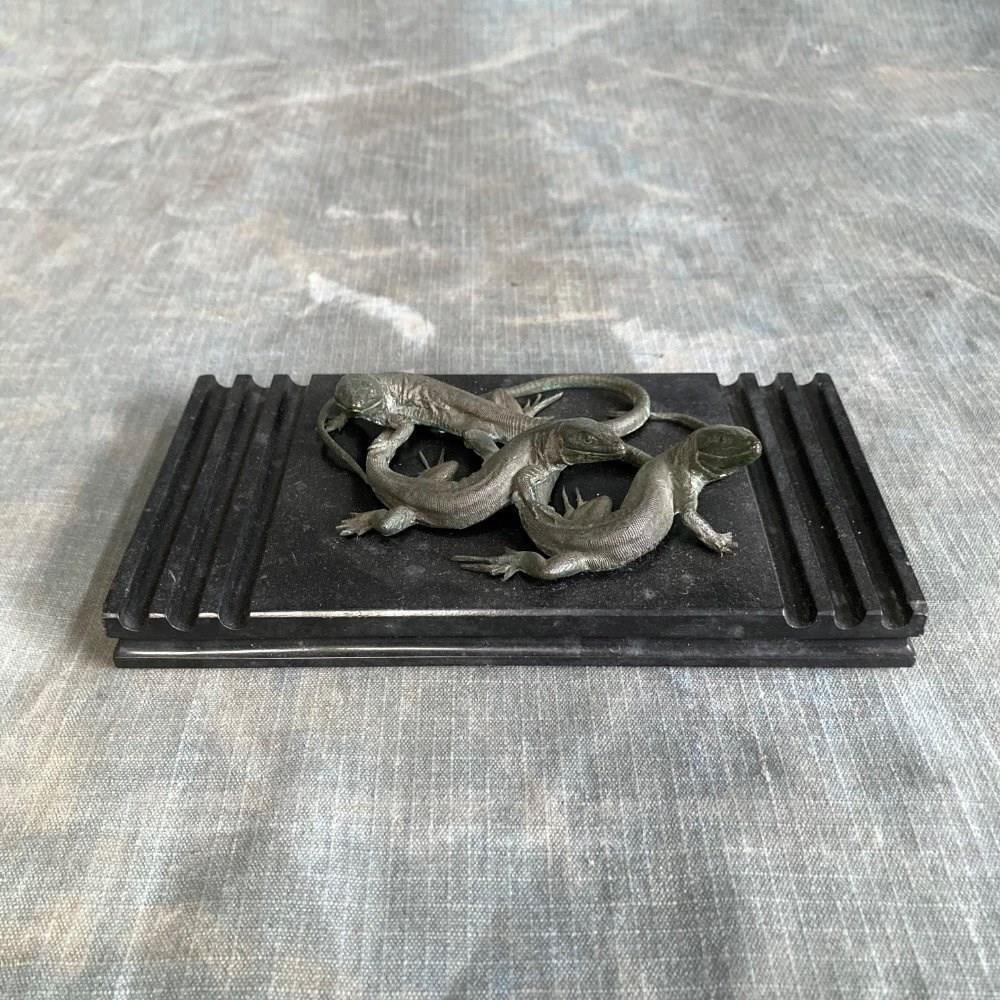 19th C. Bronze Lizards Marble Paperweight photo for sale