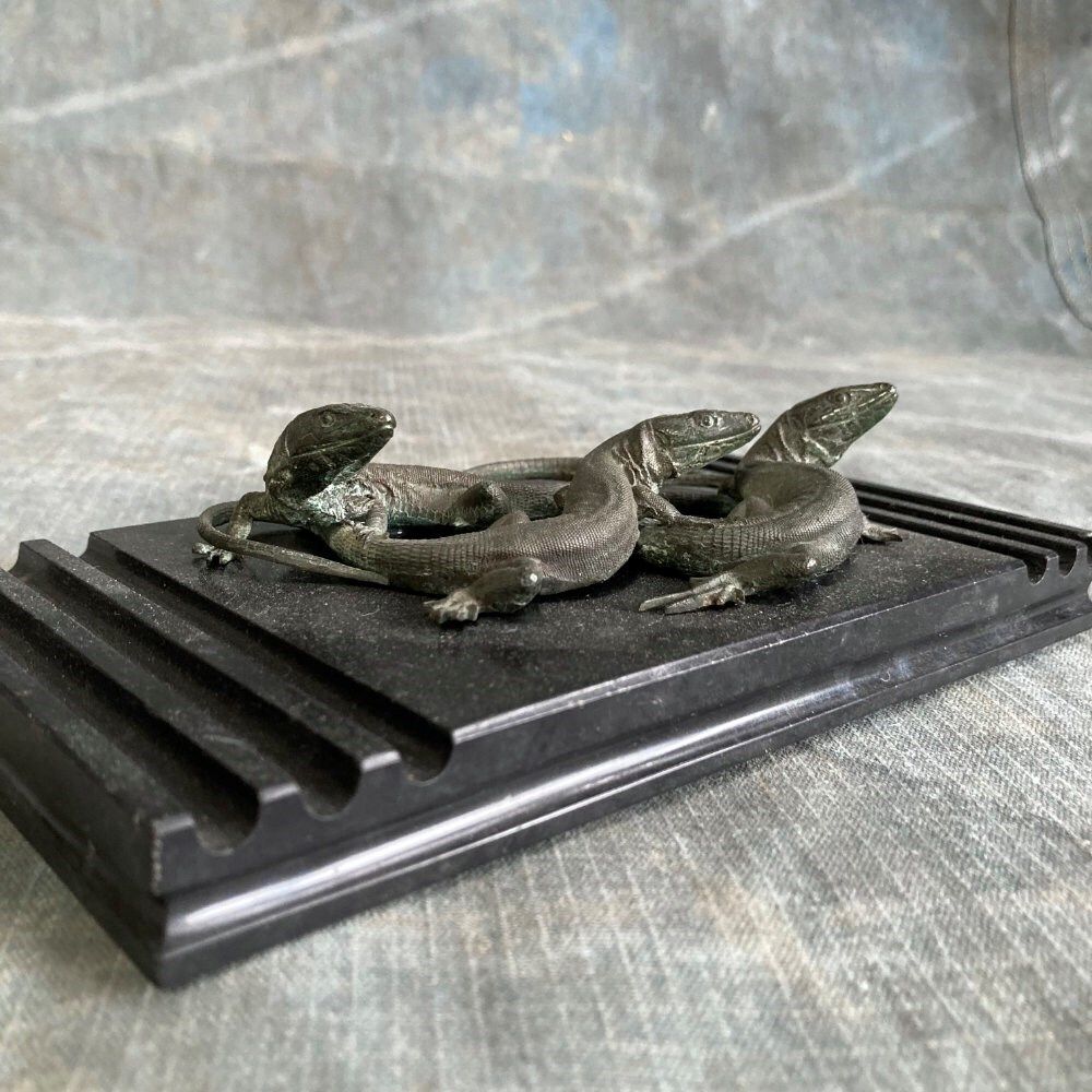 19th C. Bronze Lizards Marble Paperweight photo Home Decor