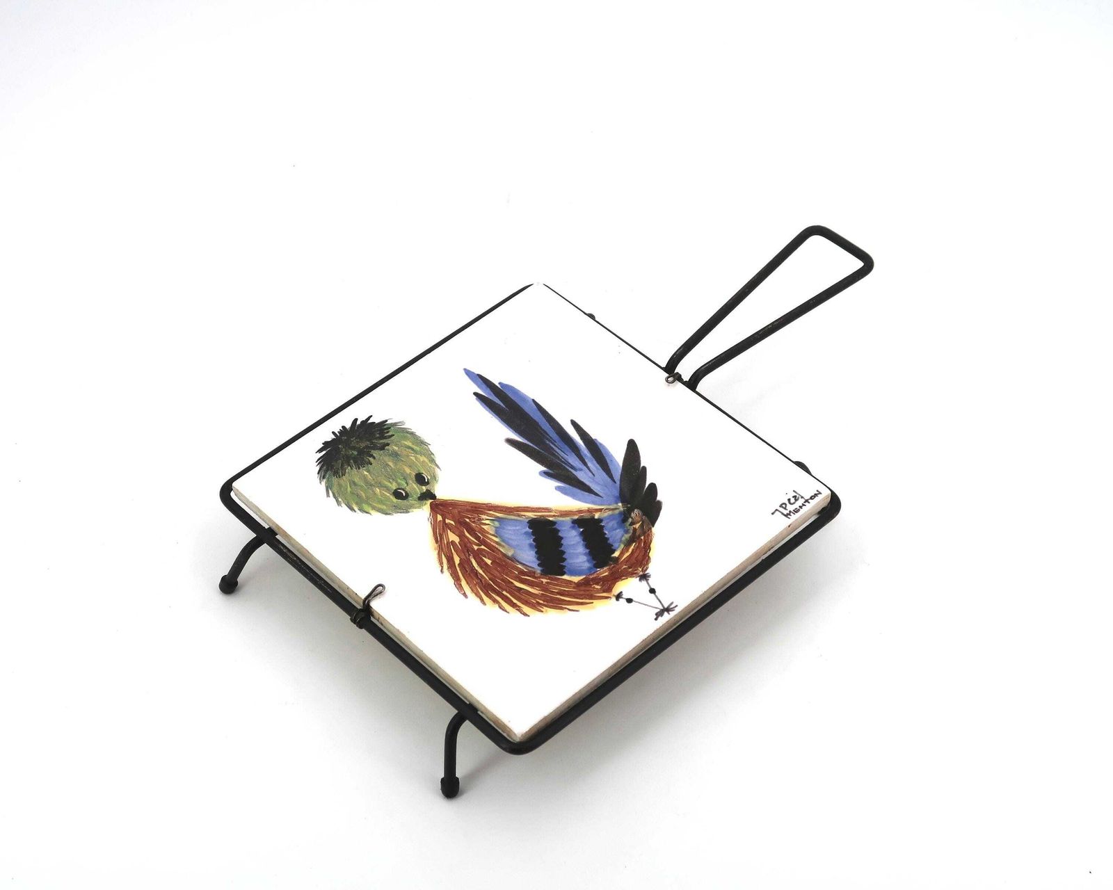Franse onderzetter met keramische tegel van Jean Pierre Caffarelli: vogel, Menton, jaren 1960 / Woondecoratie, keuken, in de stijl van Roger Capron