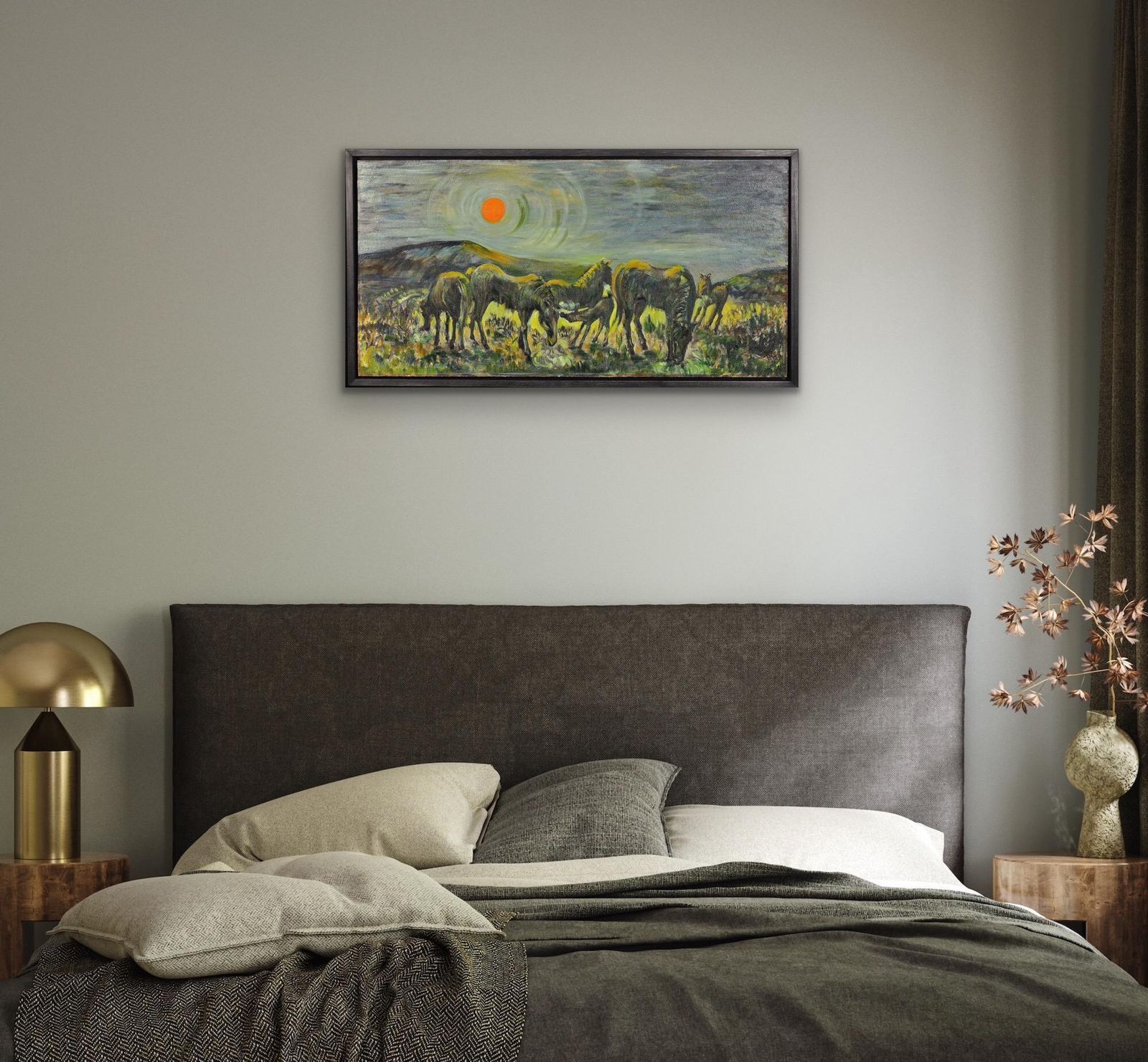 photo vintage Hazel Barnett. Welsh Ponies Grazing Under A Warm Sun, Penlan, Swansea, Wales. 1967. Framed Mid 20th Century Modern British Oil Painting.