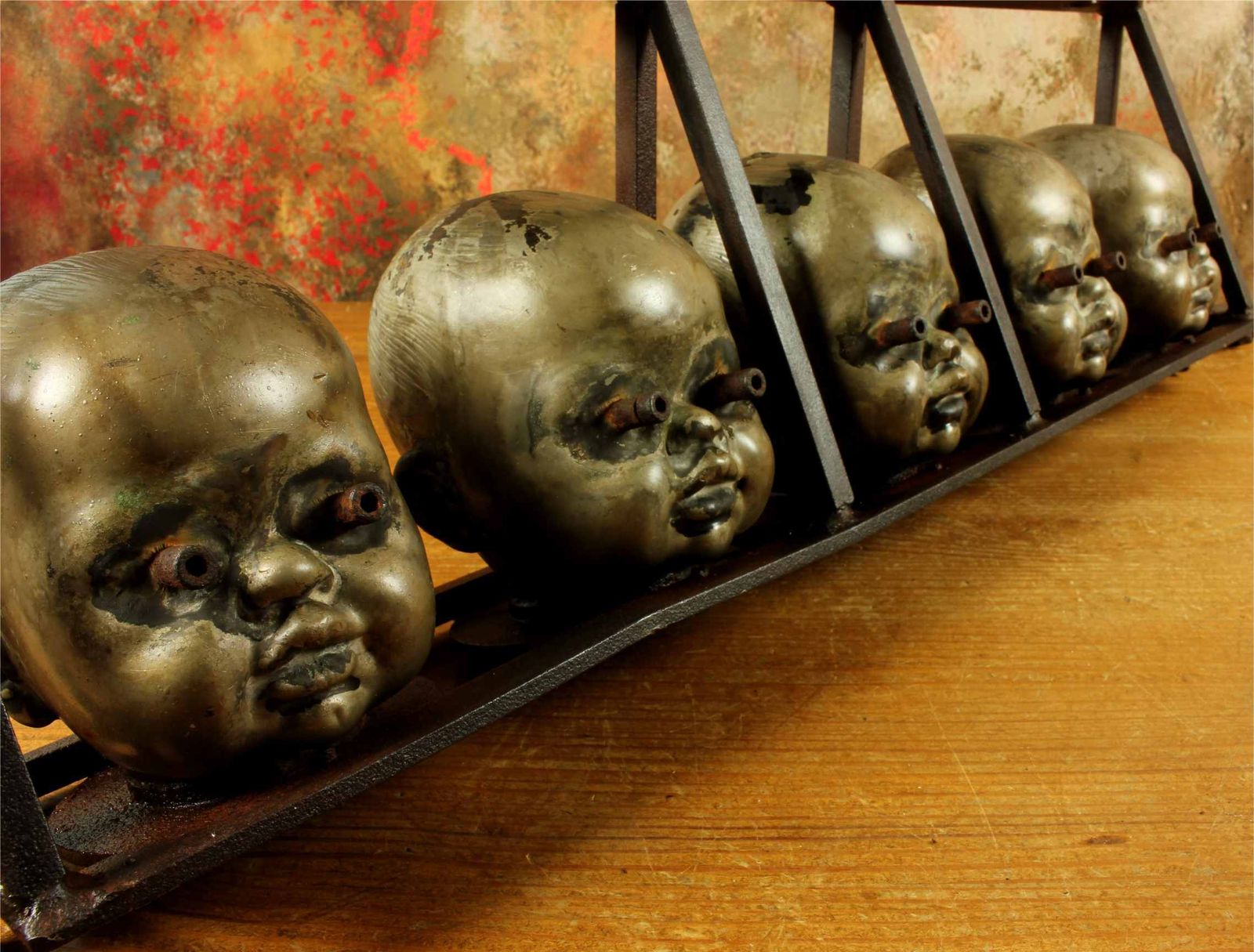Set Of 5 Vintage Doll Head Factory Moulds In Frame. Freaky Macabre Curio.