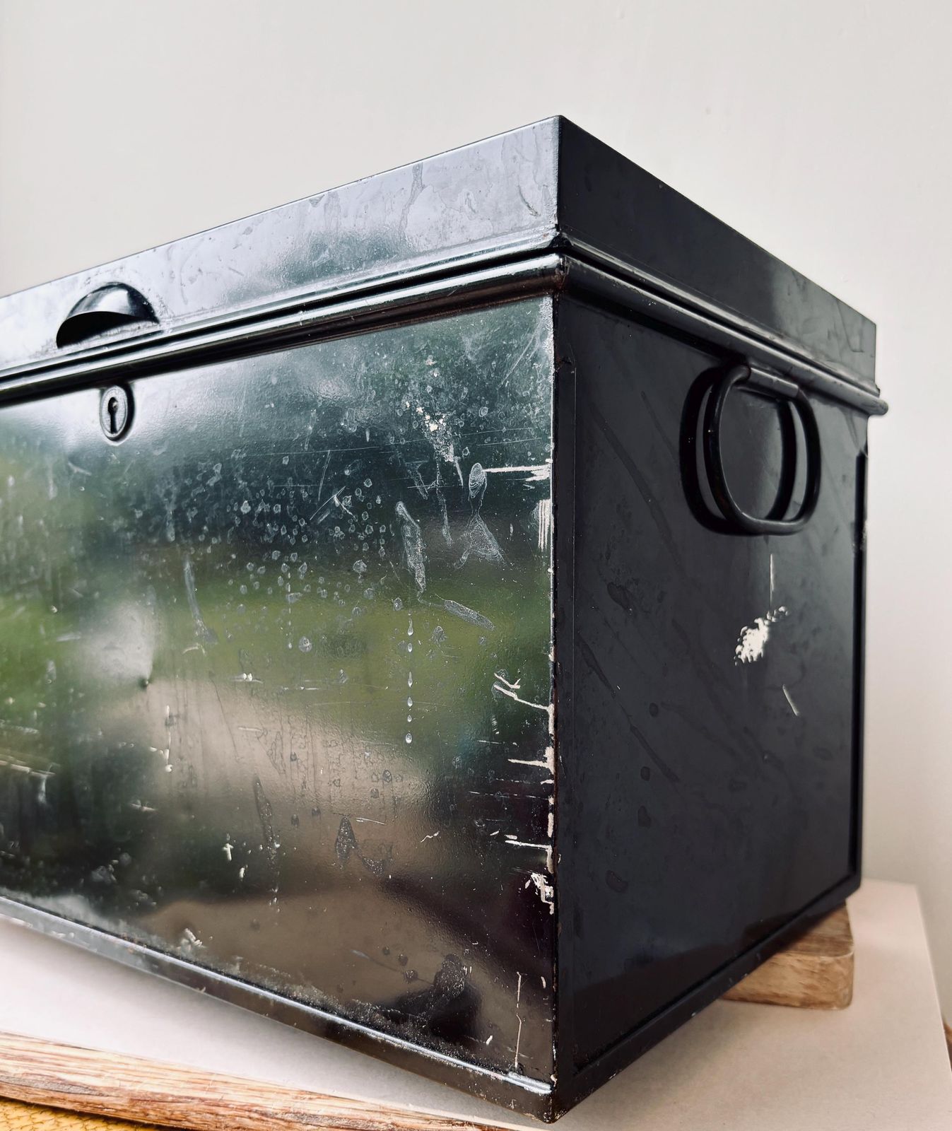 Vintage Industrial Black Metal Storage Tin Rustic Utility Box photo for sale