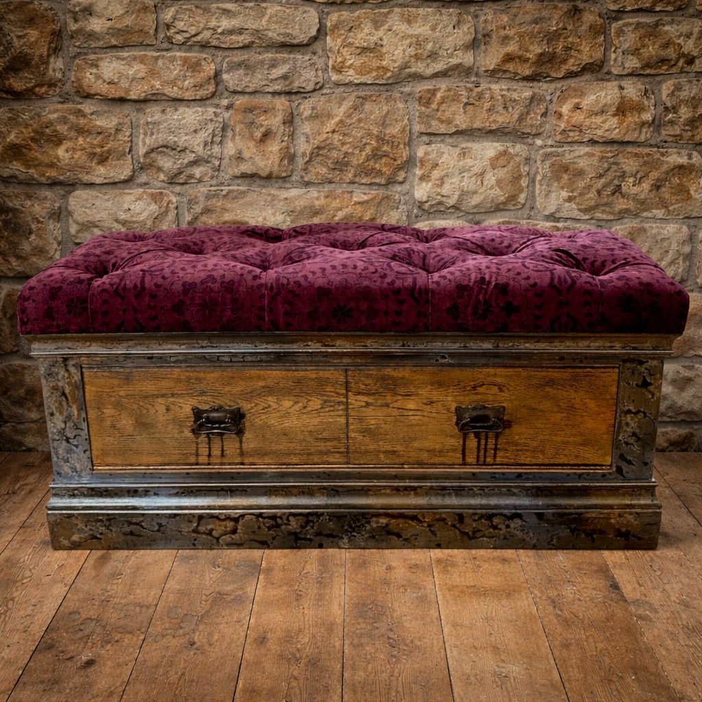 Hand Painted Oak Seat, Upholstered Hall Storage With Drawer