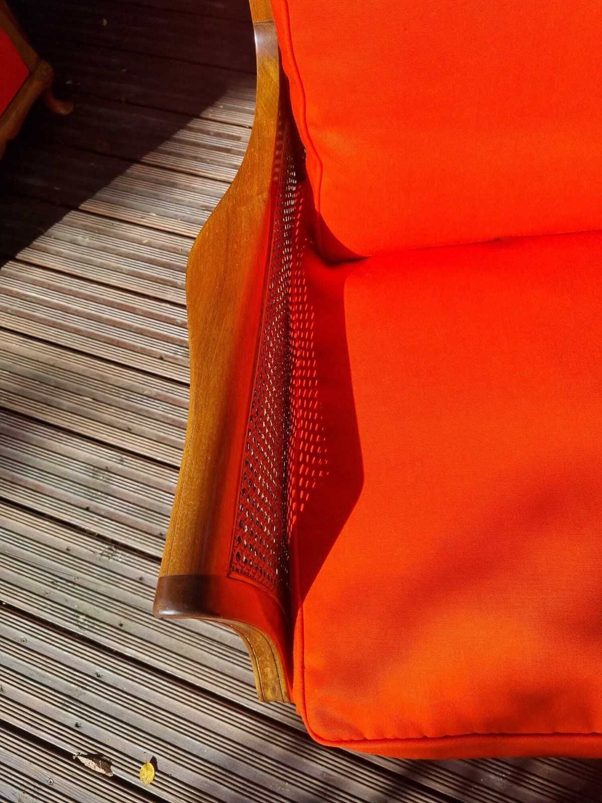 photo for sale 1920s French Style Bergere Suite   Burnt Orange, Walnut & Double Walled Cane