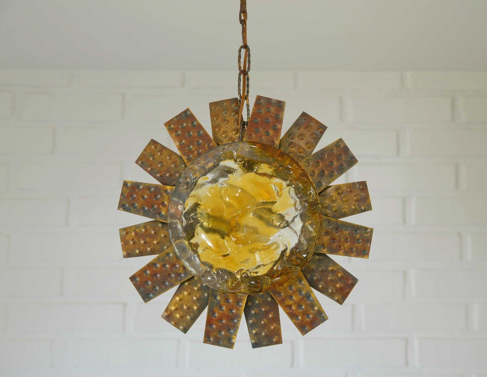 Vintage Italian Murano Style Pendant Light 1970s / Brutalist Sunburst Copper Hanging Lamp