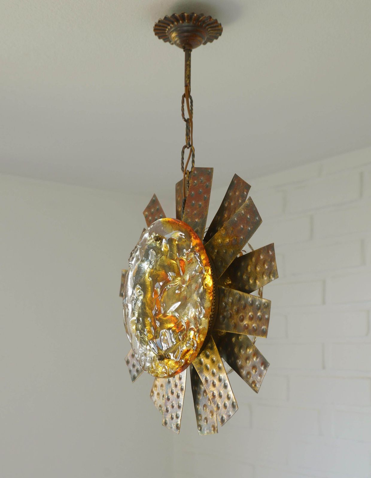 Vintage Italian Murano Style Pendant Light 1970s / Brutalist Sunburst Copper Hanging Lamp photo 563.0