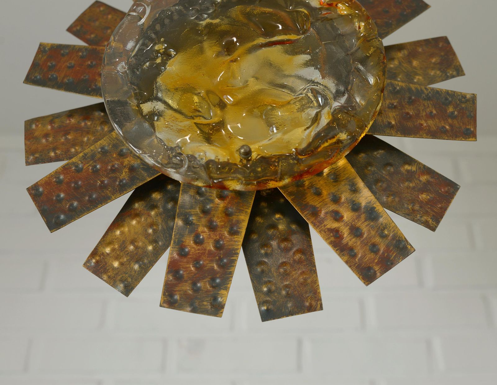 Vintage Italian Murano Style Pendant Light 1970s / Brutalist Sunburst Copper Hanging Lamp photo vinterior