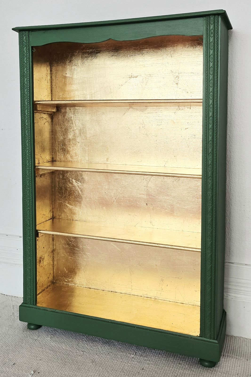Antique Oak Painted Bookcase, Green And Gold Leaf. photo furniture