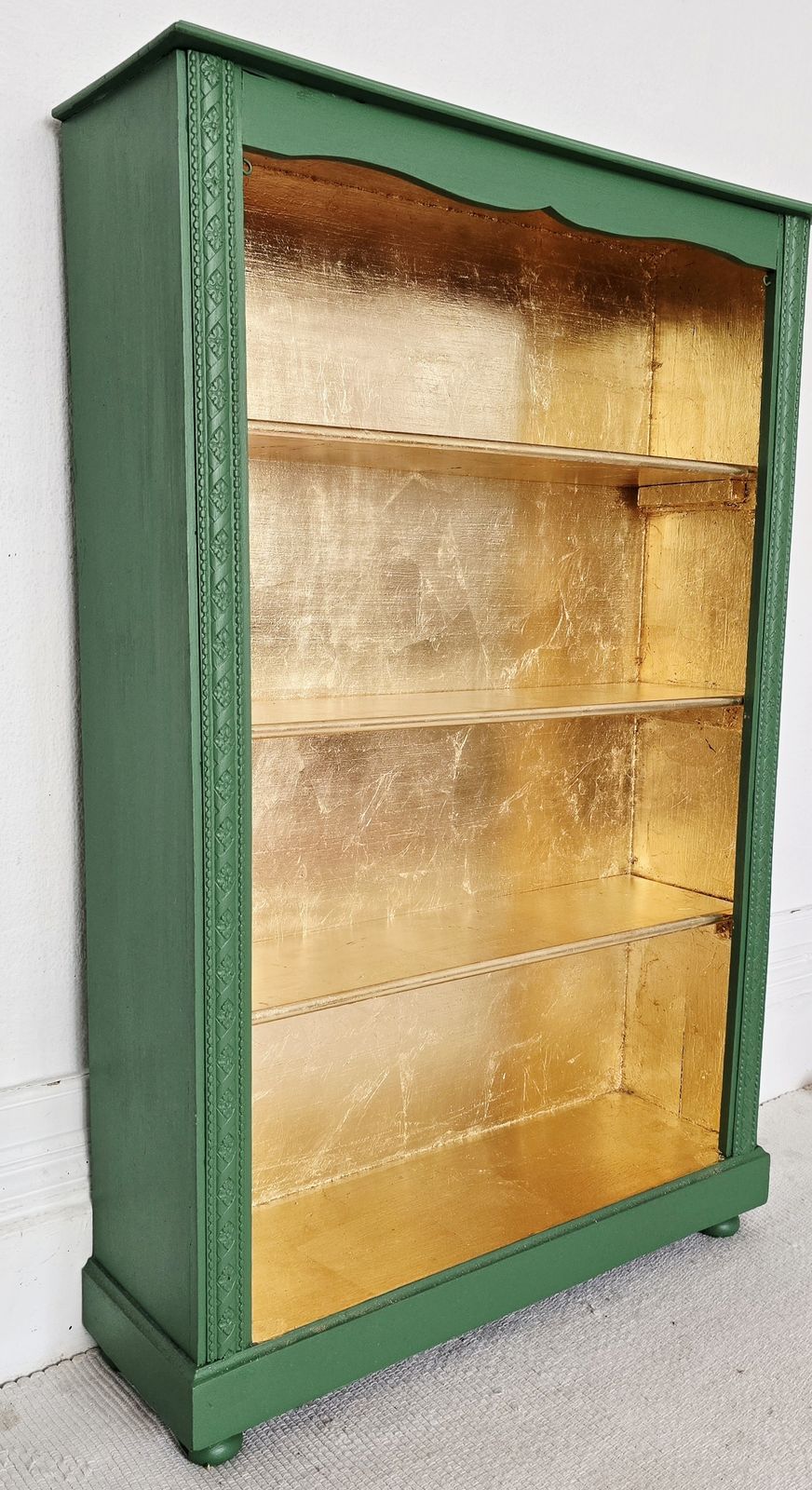 Antique Oak Painted Bookcase, Green And Gold Leaf. photo Furniture