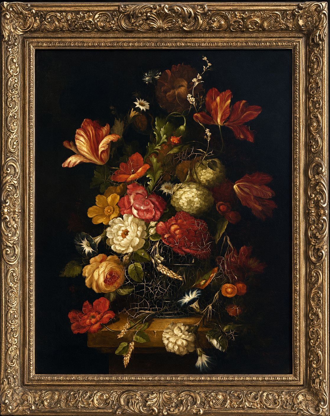 Large Floral Oil Painting On Canvas In Lovely Condition.