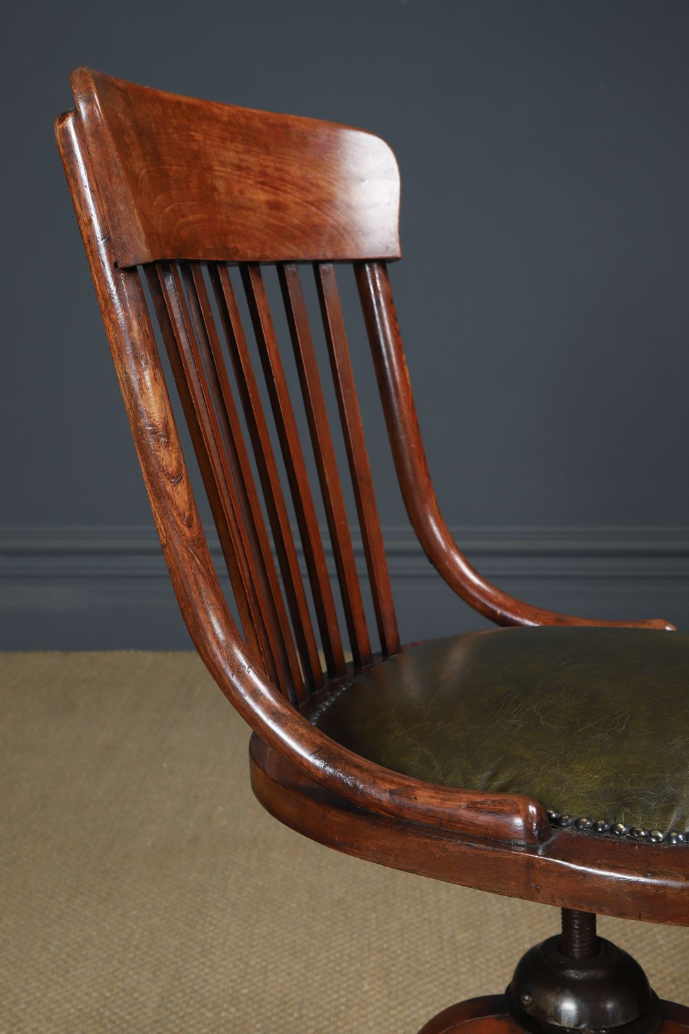 Antique English George V Beech & Green Leather Revolving Armless Office Chair (Circa 1920) photo vintage