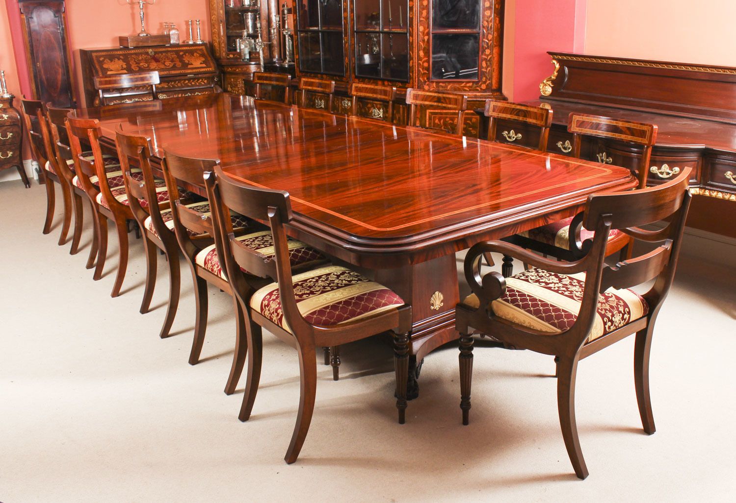 Bespoke Regency Revival Twin Base Dining Table & 14 Chairs 21st C
