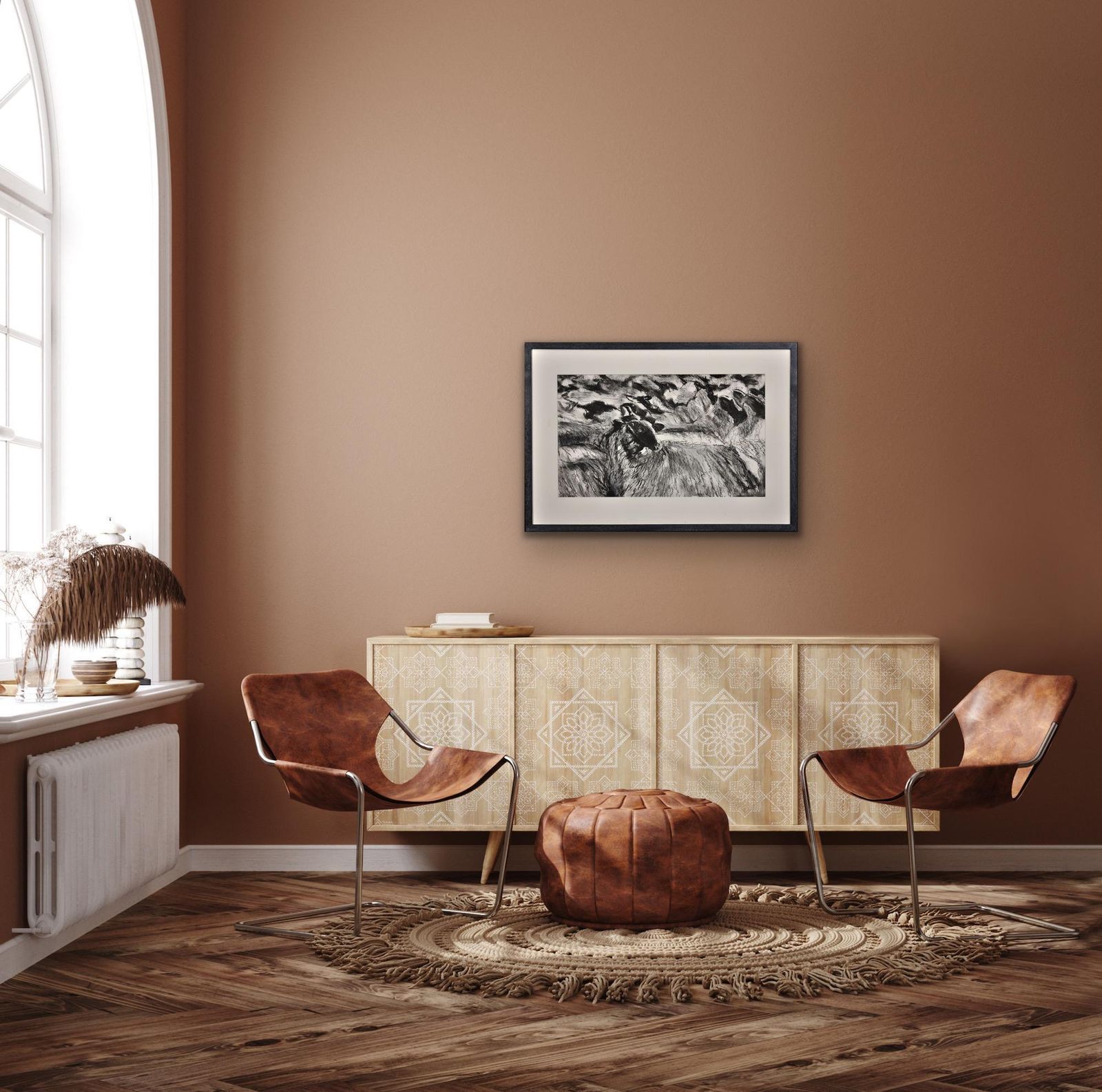 photo furniture Susan Pomery Wilks. A Flock Of Clun Forest Sheep. Pastel et fusain encadrés sur papier. Art britannique moderne. Élevage de races locales dans l'ouest du Pays de Galles.