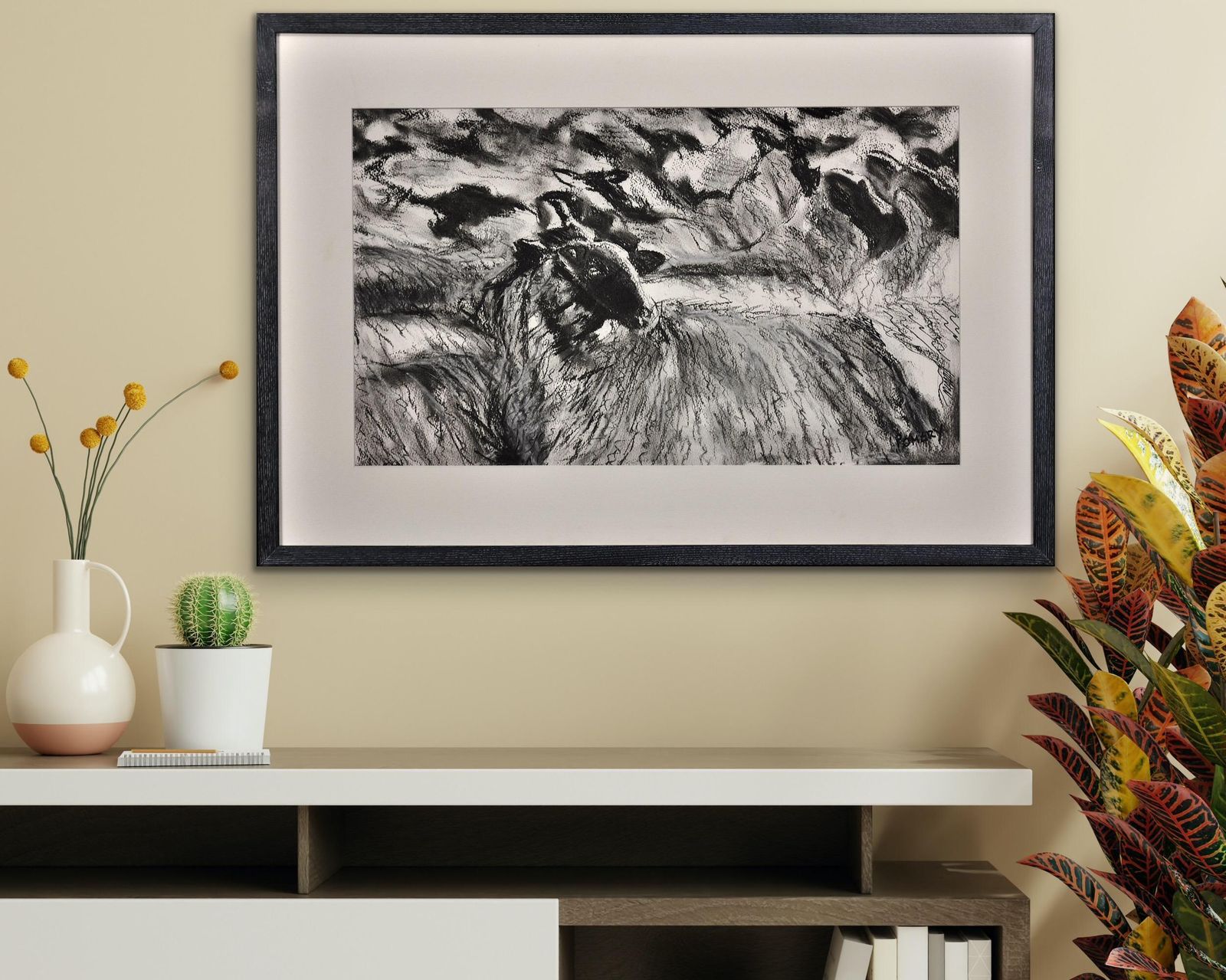 Art Susan Pomery Wilks. A Flock Of Clun Forest Sheep. Pastel et fusain encadrés sur papier. Art britannique moderne. Élevage de races locales dans l'ouest du Pays de Galles. photo