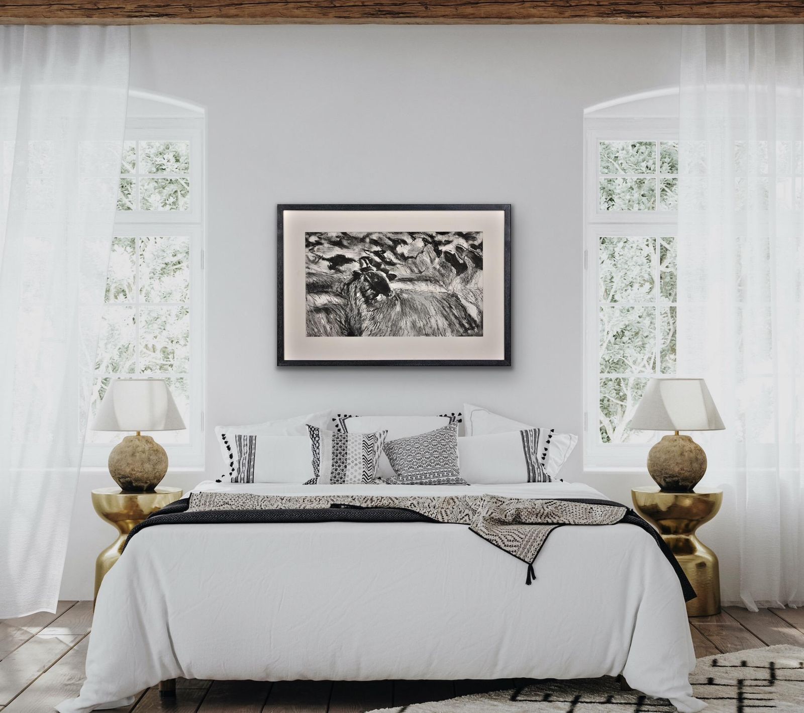 photo buy Susan Pomery Wilks. A Flock Of Clun Forest Sheep. Framed Original Pastel & Charcoal On Paper. Modern British. Native Breed Farming In West Wales.