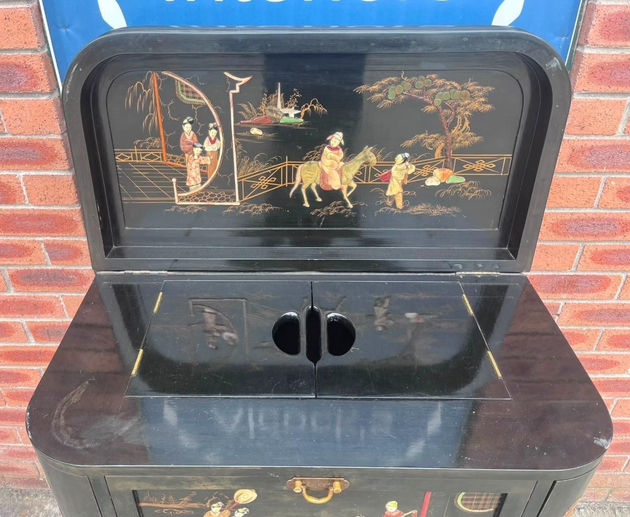 Furniture Vintage Chinese Black Lacquer With Oriental Figures Cocktail Bar Drinks Cabinet photo