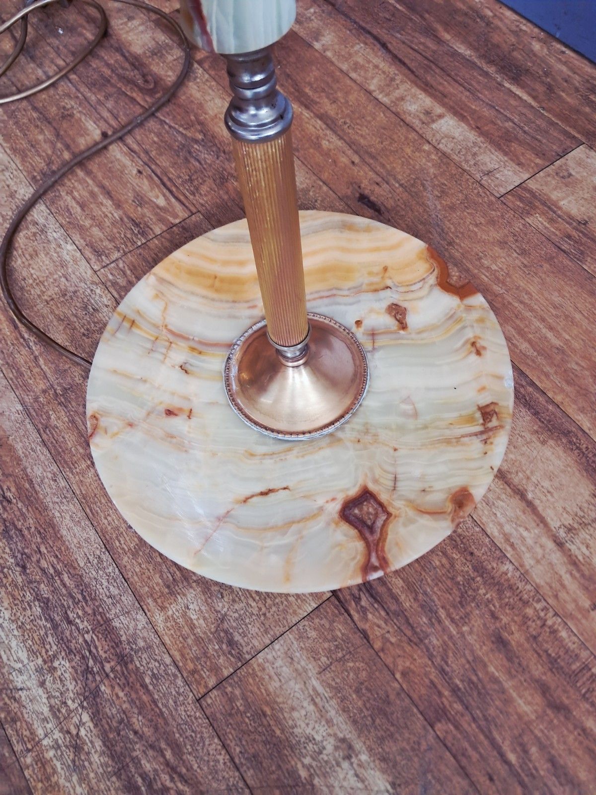 Lighting Vintage Floor Lamp Onyx Brass Stand Antique Light Art Deco + Lampshade 1930 photo