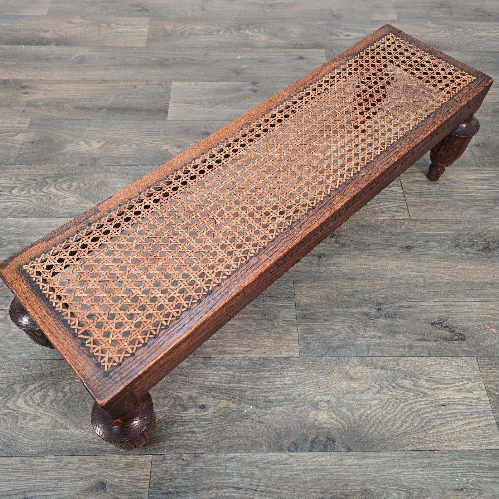 Antique Edwardian Oak Footstool Cane Fireside Fender Stool Bench Solid Wood photo buy
