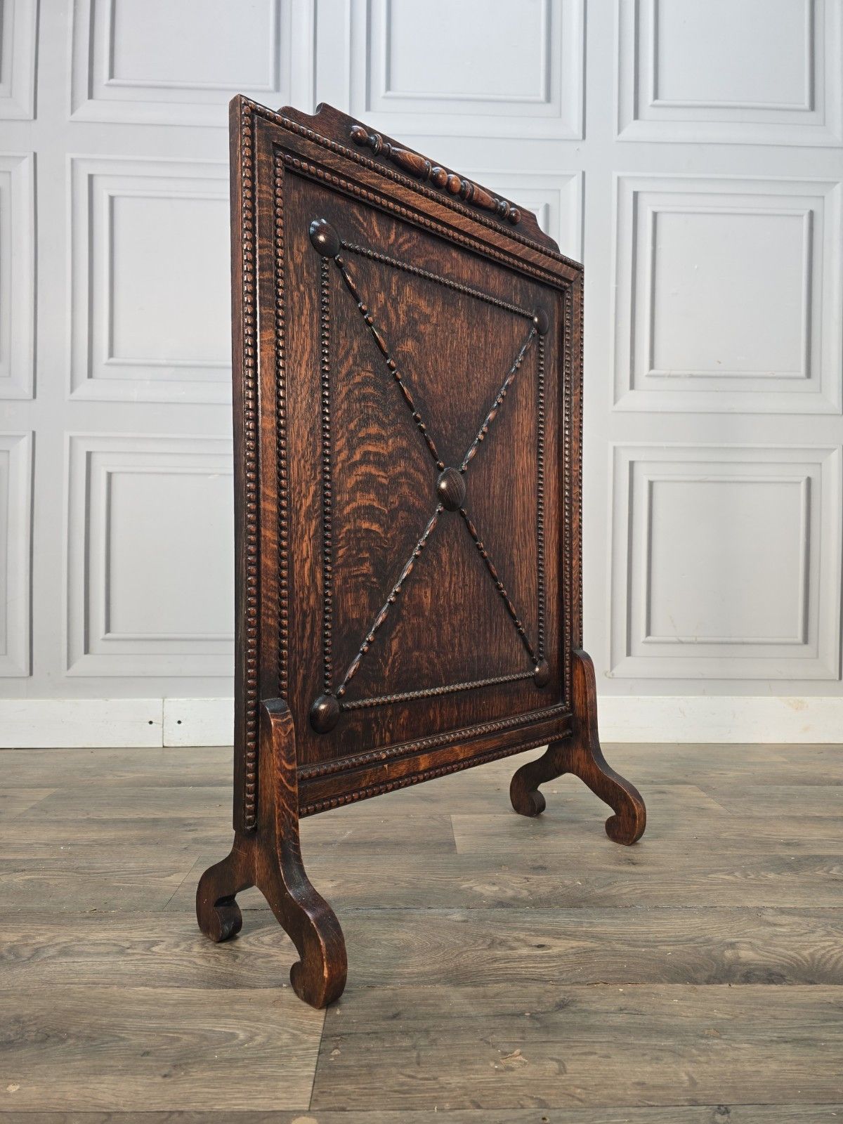 Antique Oak Fire Screen Jacobean Revival Fireside Guard Decorative Stand Wooden photo furniture