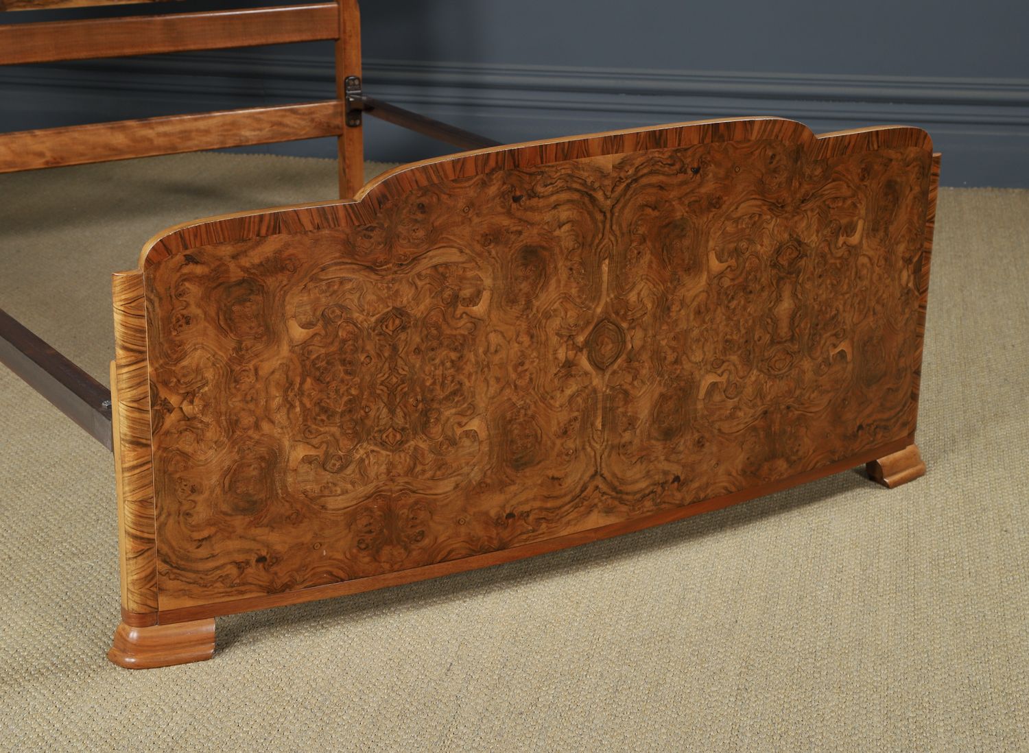 English Art Deco Burr Walnut 4ft 6” Curved Cloud Shaped Double Size Bed (Circa 1930) photo for sale
