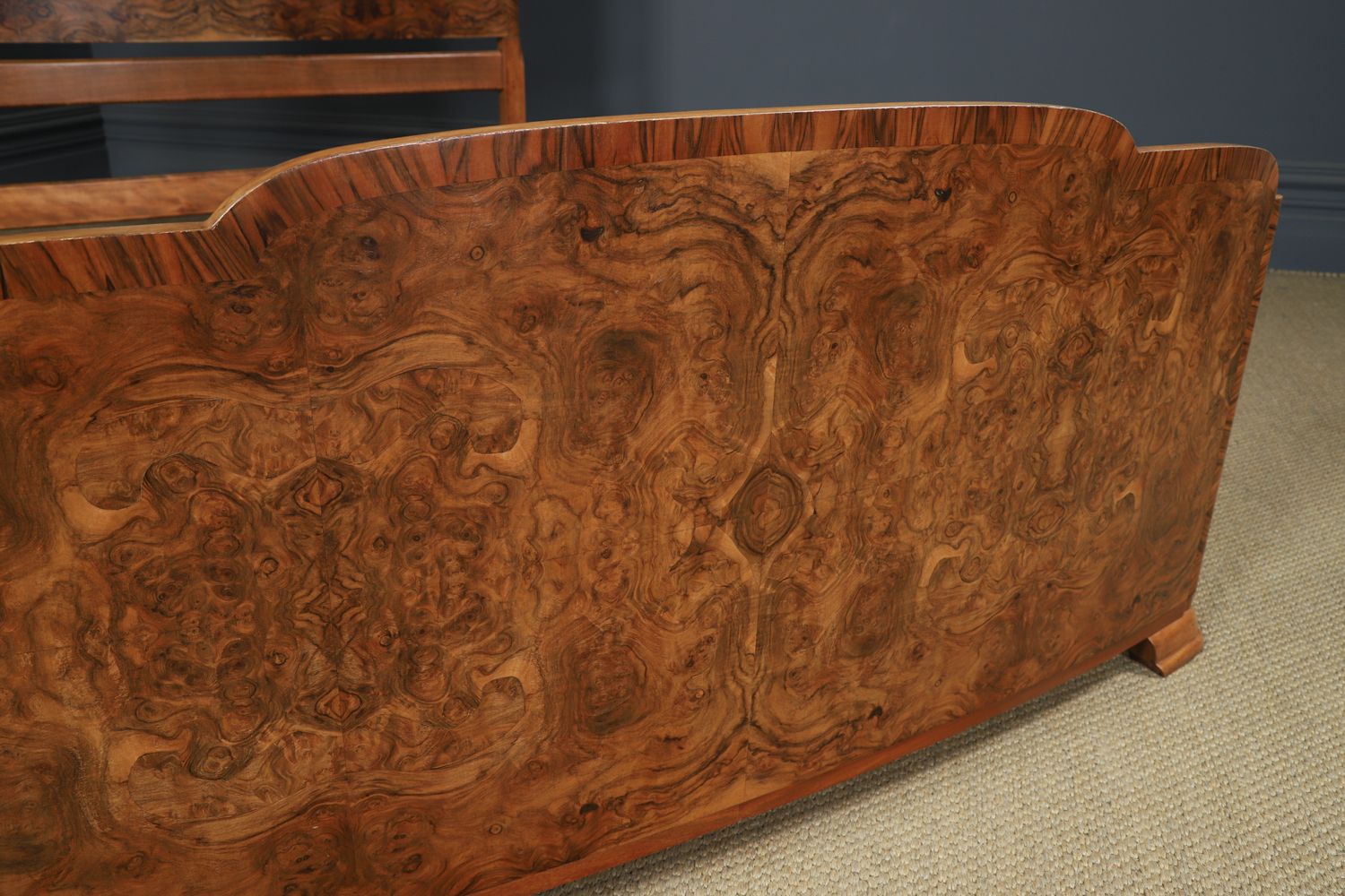 English Art Deco Burr Walnut 4ft 6” Curved Cloud Shaped Double Size Bed (Circa 1930) photo buy