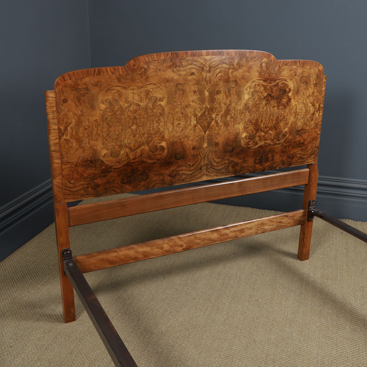 2095.0 English Art Deco Burr Walnut 4ft 6” Curved Cloud Shaped Double Size Bed (Circa 1930) photo