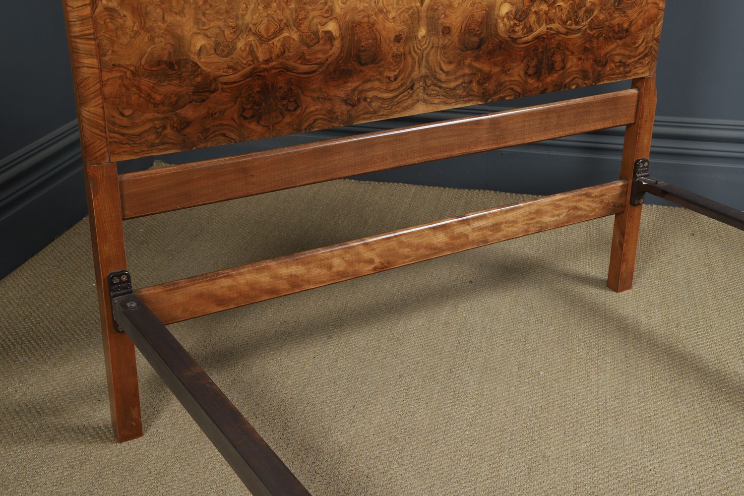 photo vinterior English Art Deco Burr Walnut 4ft 6” Curved Cloud Shaped Double Size Bed (Circa 1930)