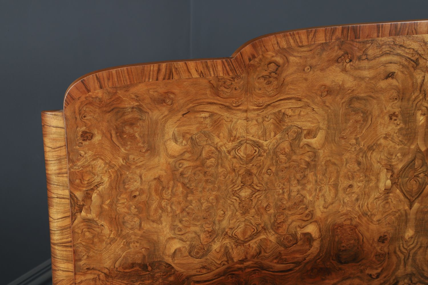photo buy English Art Deco Burr Walnut 4ft 6” Curved Cloud Shaped Double Size Bed (Circa 1930)