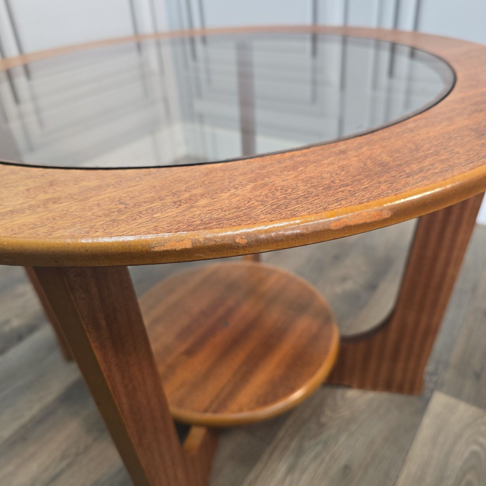 Mid Century Coffee Table Round Wood Teak Effect Vintage Glass Top Retro Mcm photo vinterior