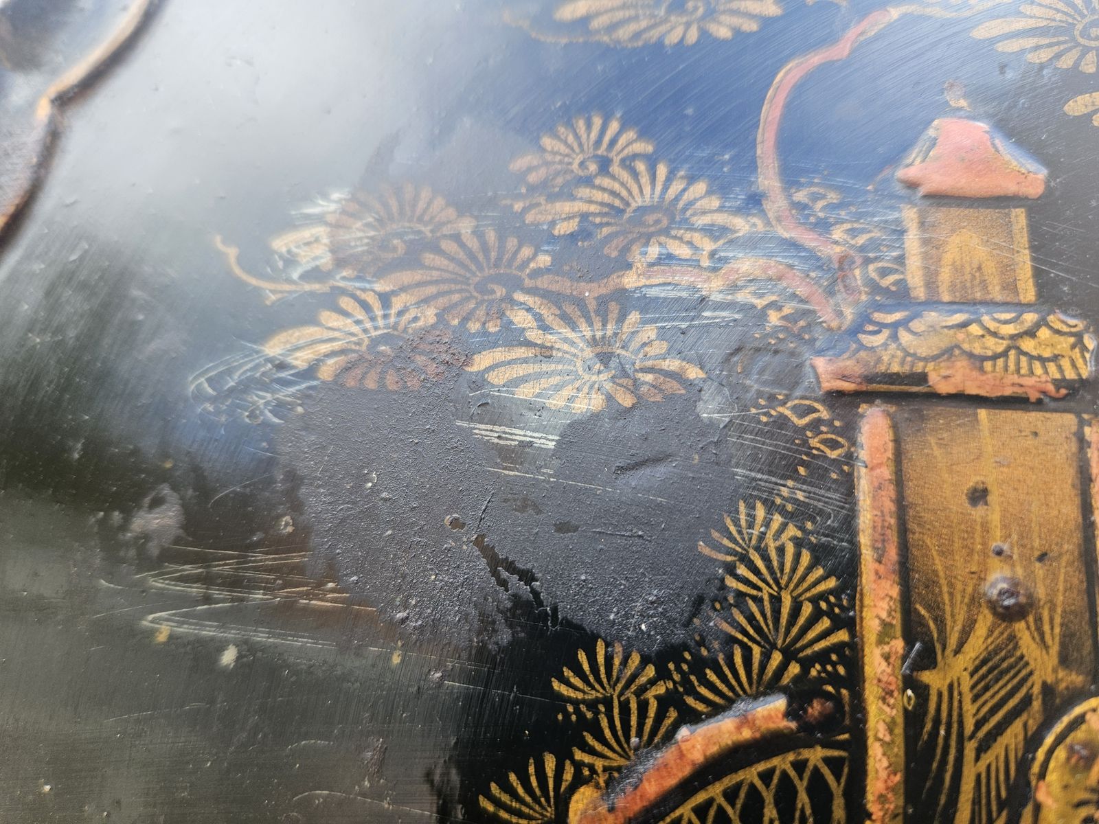 photo for sale Antique 20th Century Tier Black Laquered Folding Chinoiserie Cake Stand C.1900