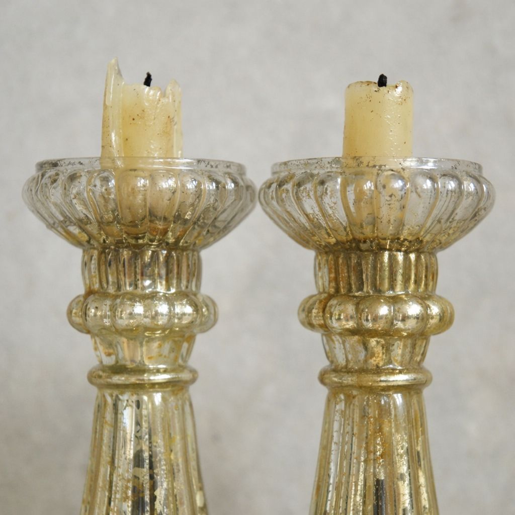 Rare Vintage Set Of 2 Mercury Glass Candle Stick Holders With Silver Bobeche 21x11cm photo for sale