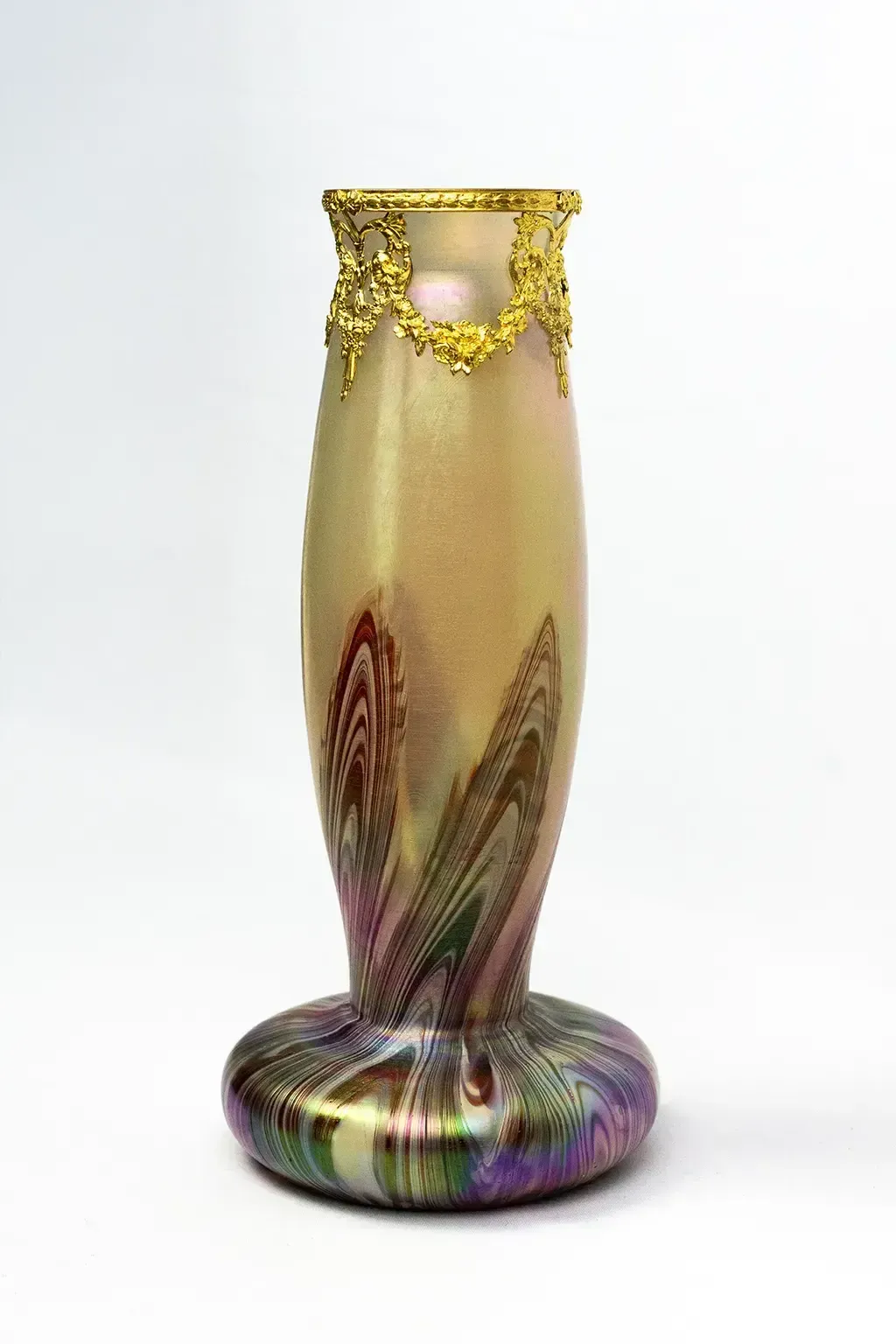 Art Nouveau Vase In Iridescent Marbled Glass, In The Style Of Loetz — Gilt Metal Mount, Bohemia, Circa 1900 photo furniture