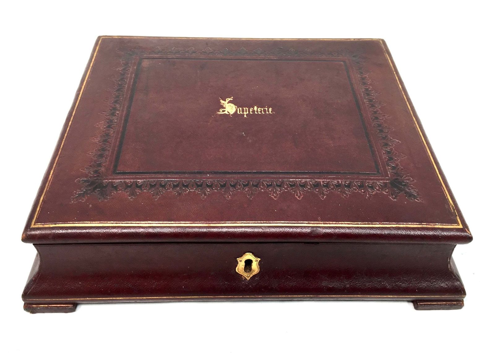 Antique Victorian Burgundy Leather Bound Stationery Box / Writing Storage Chest photo for sale