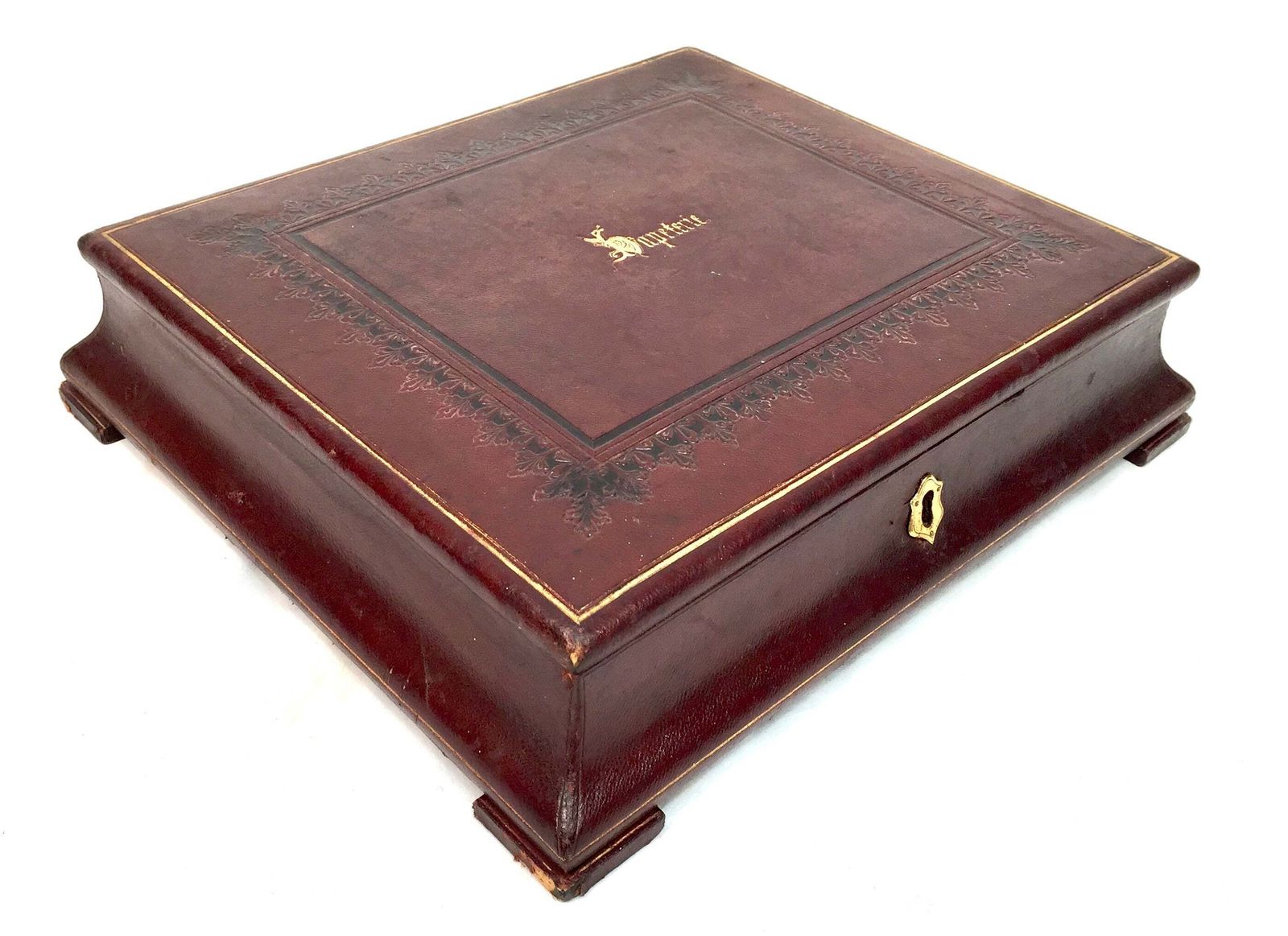 Antique Victorian Burgundy Leather Bound Stationery Box / Writing Storage Chest photo Home Decor