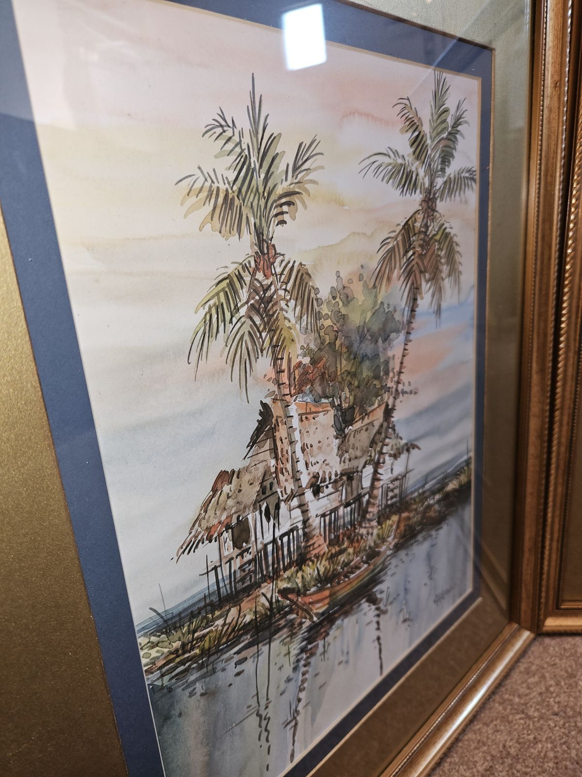 Original Watercolor Paintings Of Lake Scenes By Artist Cheng Gold Frames X 2 photo for sale