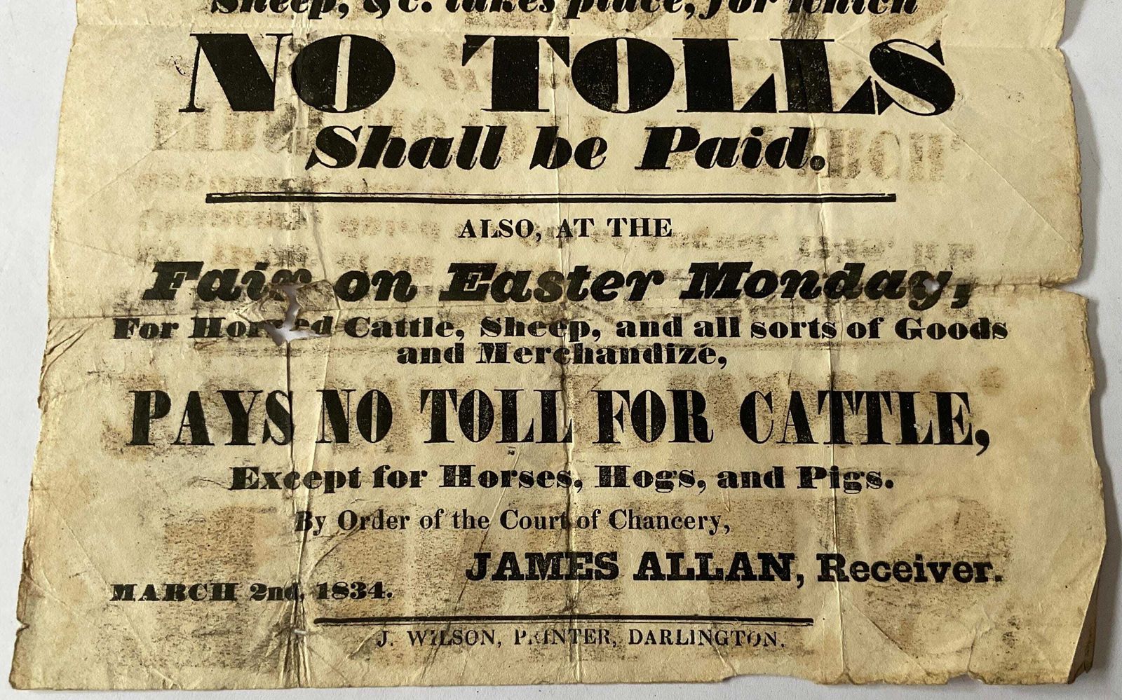 Originele William IV juridische aankondiging / markttolaankondiging uit 1834 - Gedrukt in Darlington - Zeldzame agrarische efemera, uniek wanddecor photo Kunst
