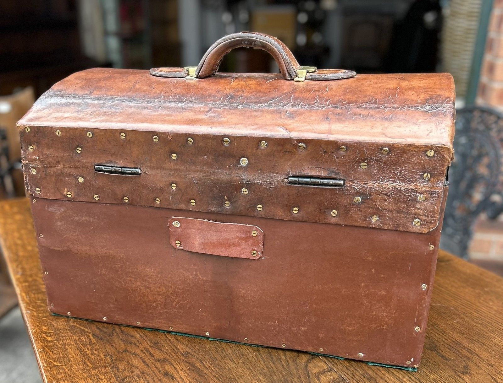 Home Decor Quality Antique Aged Leather Dome Top Monogrammed Travel Trunk Case Document Box photo