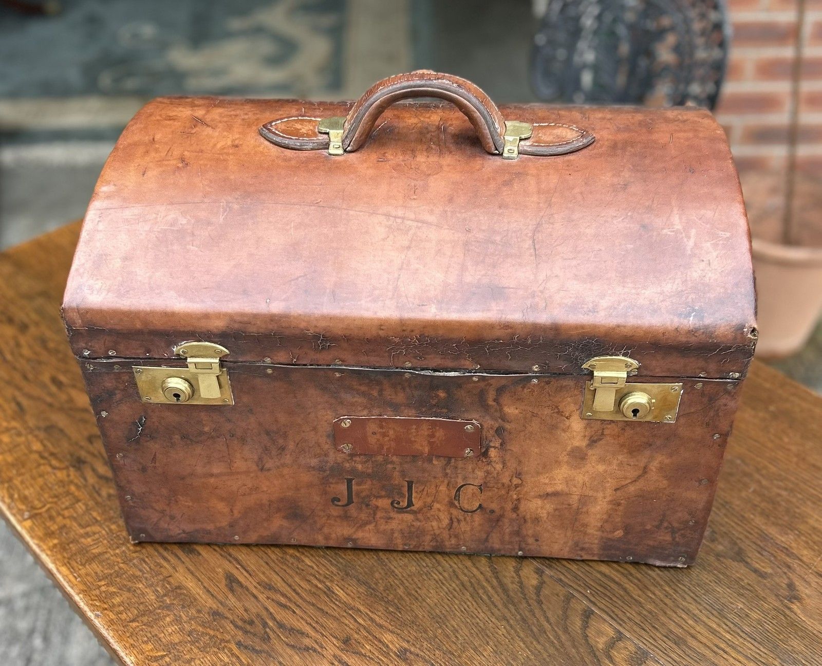 photo buy Quality Antique Aged Leather Dome Top Monogrammed Travel Trunk Case Document Box