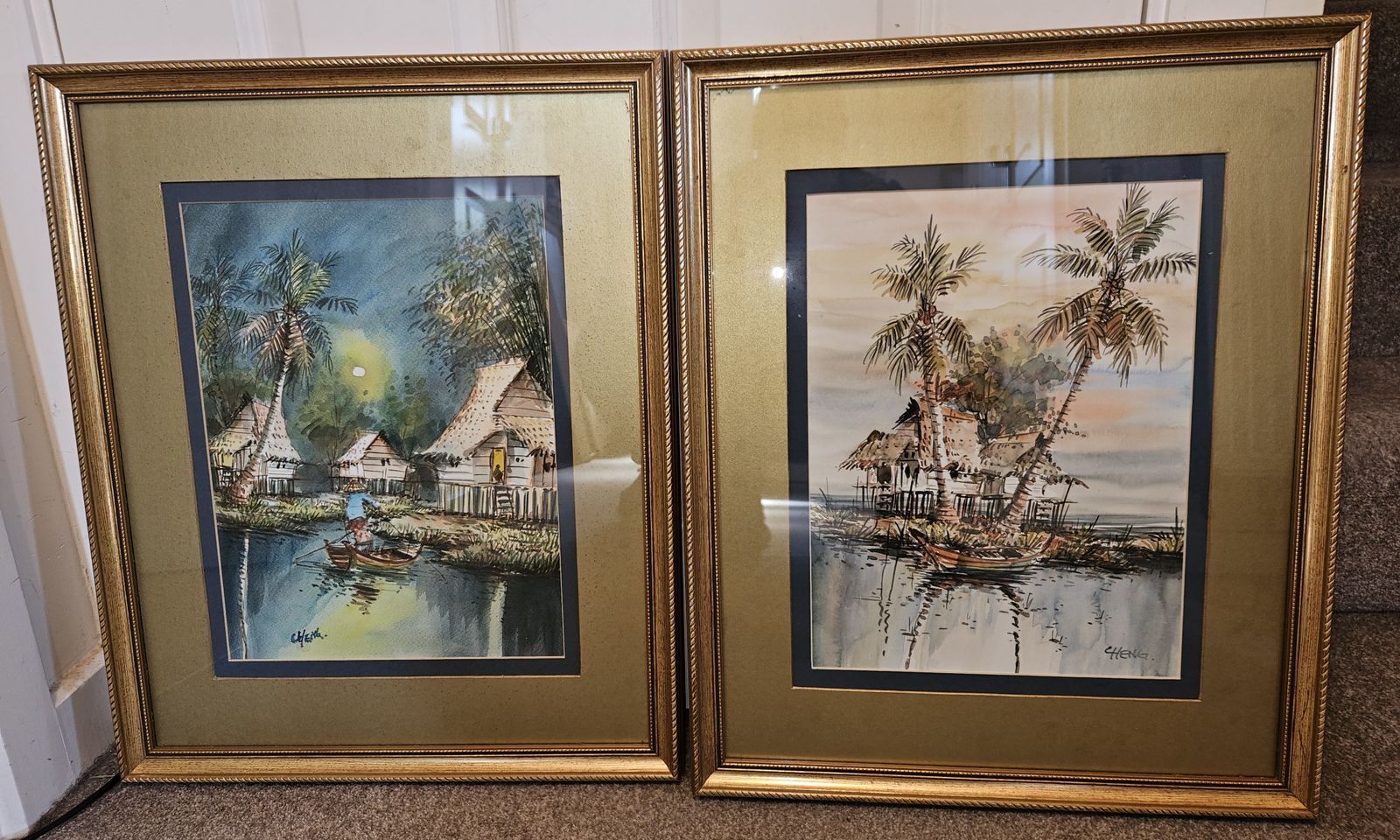Art Original Watercolor Paintings Of Lake Scenes By Artist Cheng Gold Frames X 2 photo