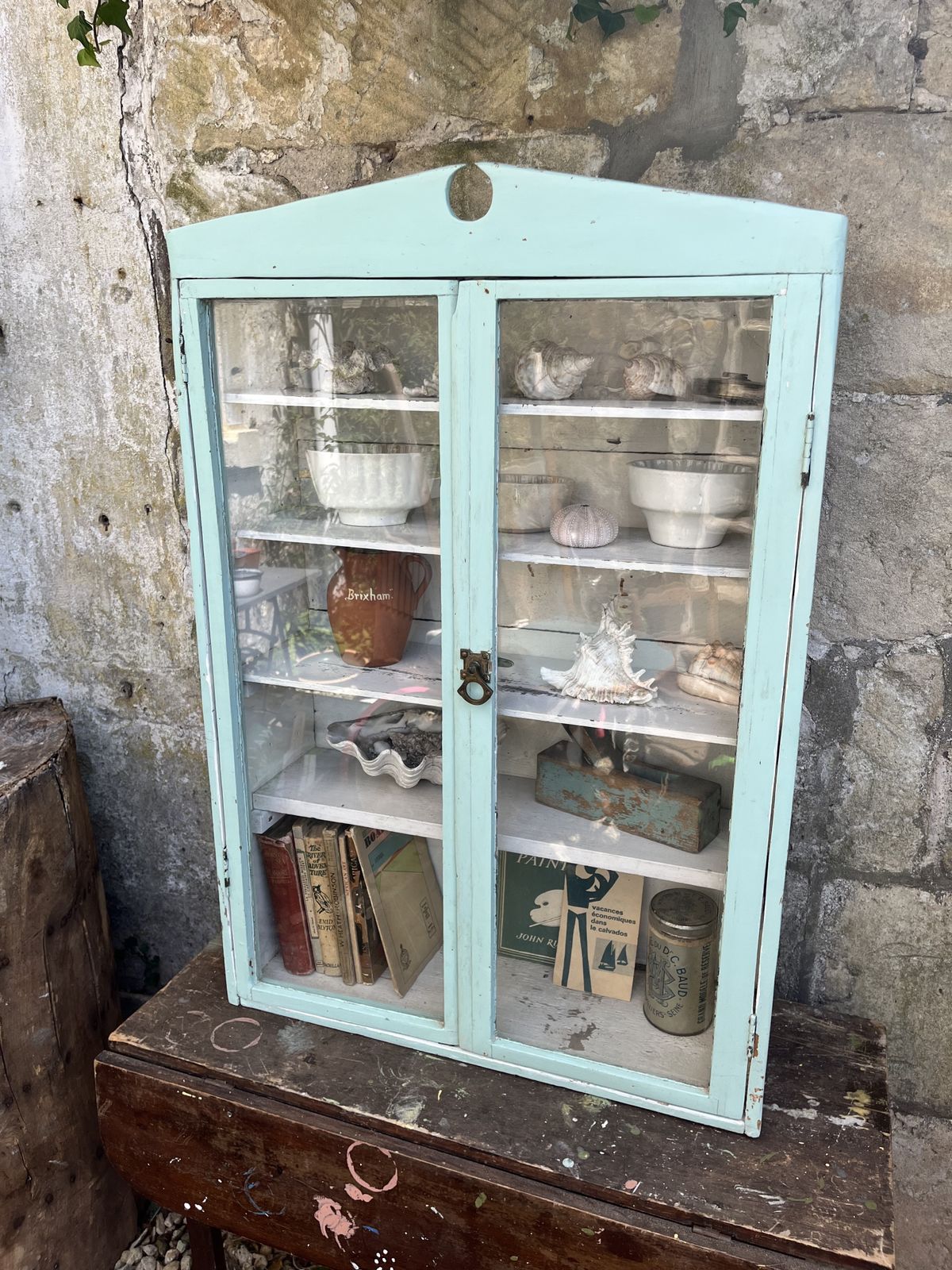 Rustic Glazed Wall Cabinet In Pale Blue And White Paint