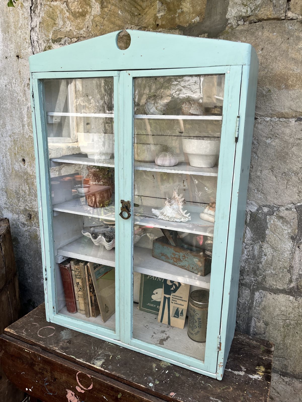 Rustic Glazed Wall Cabinet In Pale Blue And White Paint photo furniture