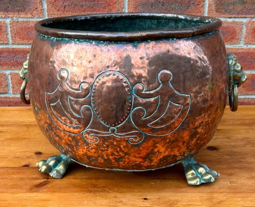 Antique 19th Century Arts & Crafts Copper Lions Head & Paw Log Bucket Planter