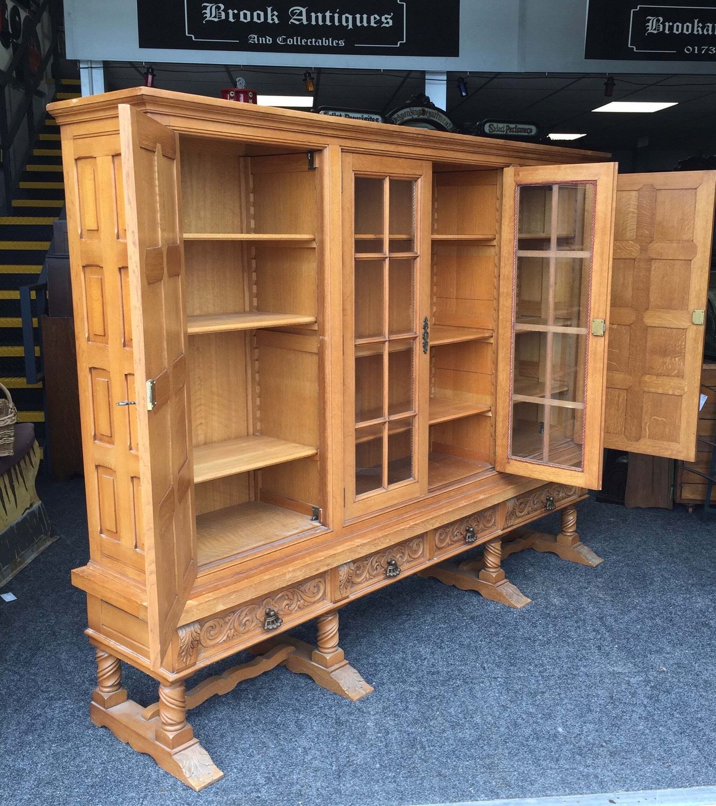 Antique Large Oak Wooden Glazed Fronted Carved Bookcase Storage Cabinet Cupboard photo for sale