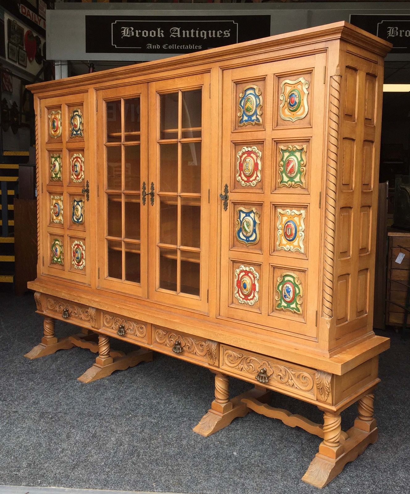 Antique Large Oak Wooden Glazed Fronted Carved Bookcase Storage Cabinet Cupboard photo buy
