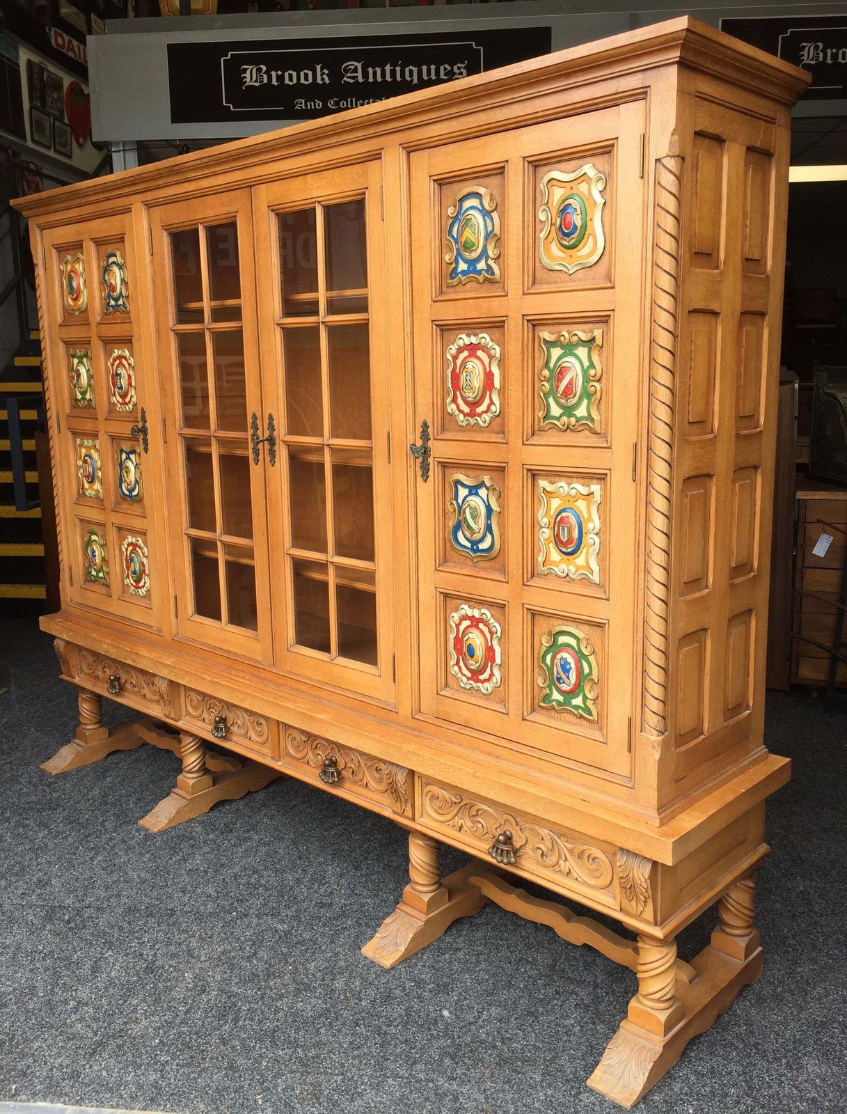 1299.0 Antique Large Oak Wooden Glazed Fronted Carved Bookcase Storage Cabinet Cupboard photo