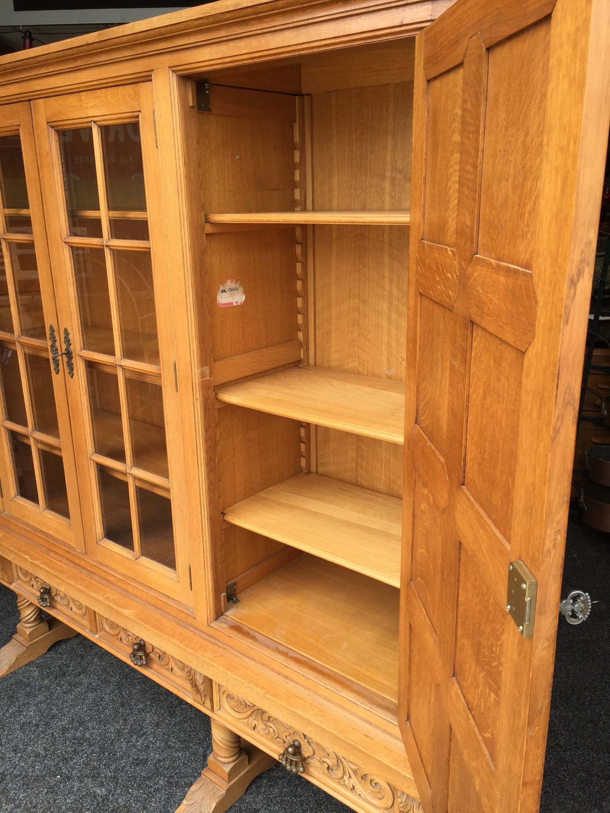 photo buy Antique Large Oak Wooden Glazed Fronted Carved Bookcase Storage Cabinet Cupboard