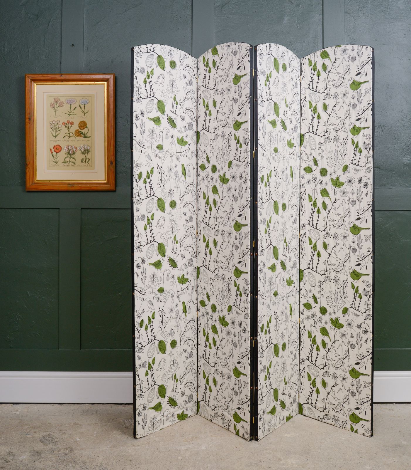 Fabric Panel Folding Room Divider With Ikea Green Birds Fabric