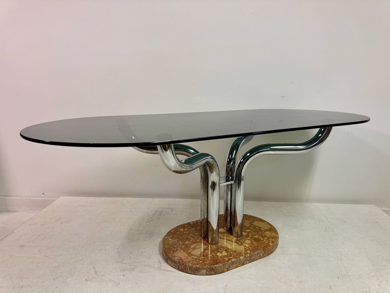1970s Italian Smoked Glass, Chrome And Marble Italian Dining Table By Guido Faleschini photo furniture