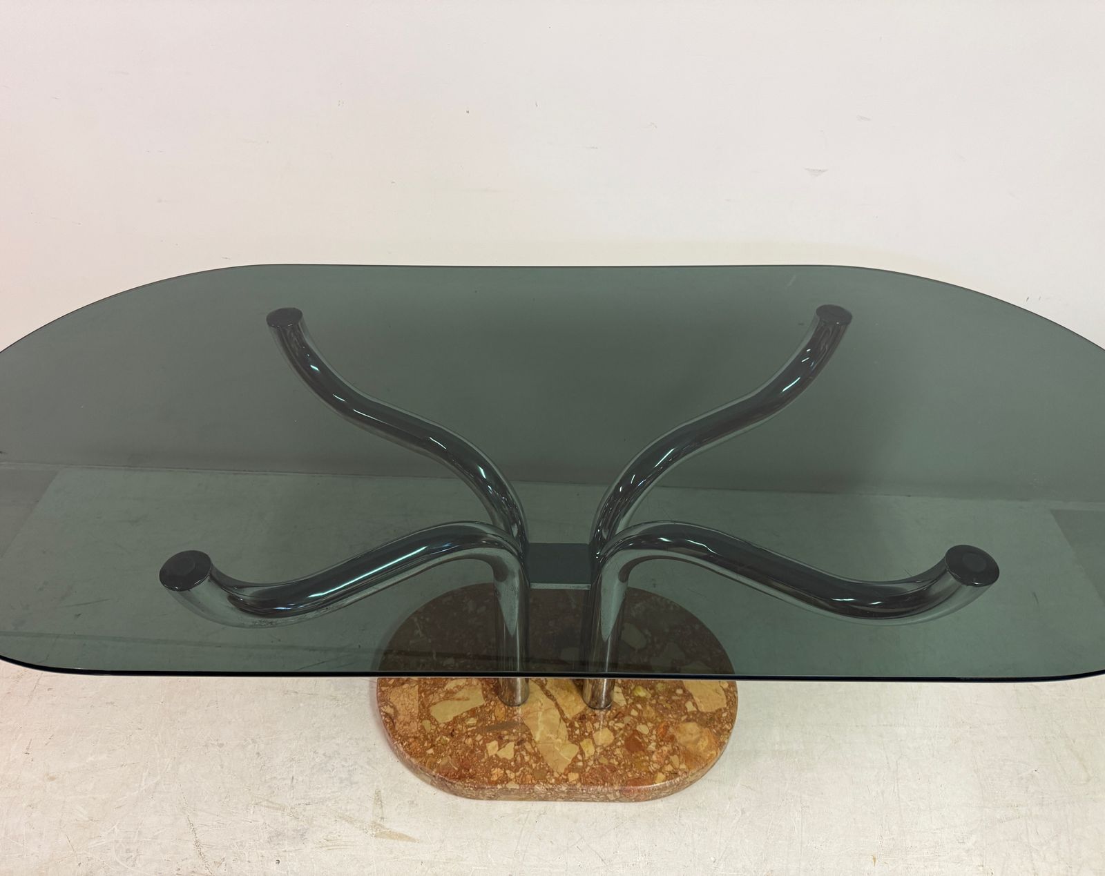 photo buy 1970s Italian Smoked Glass, Chrome And Marble Italian Dining Table By Guido Faleschini