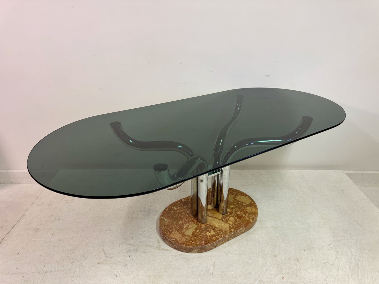 photo vintage 1970s Italian Smoked Glass, Chrome And Marble Italian Dining Table By Guido Faleschini